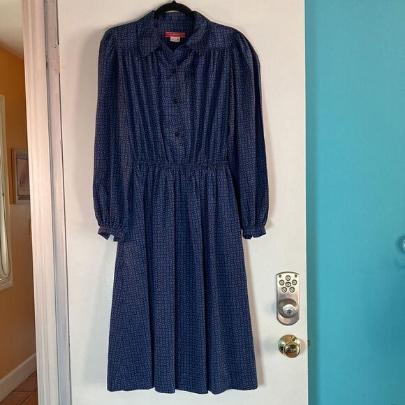 Halston III  Womens Size 8 Vintage 1980's Blue Logo Midi Dress Perfect Condition - Picture 2 of 13